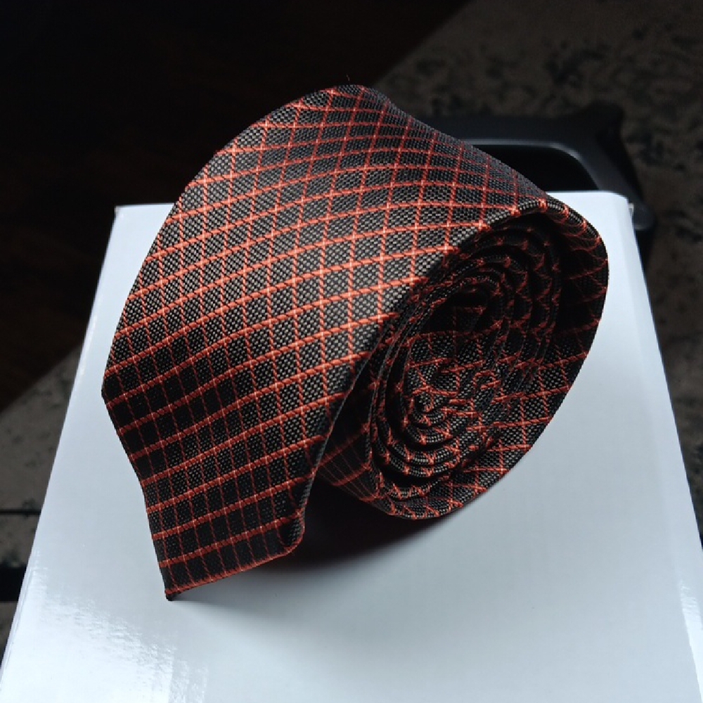 J. Ferrar Men's Black and Orange Checkered SlimTie‎